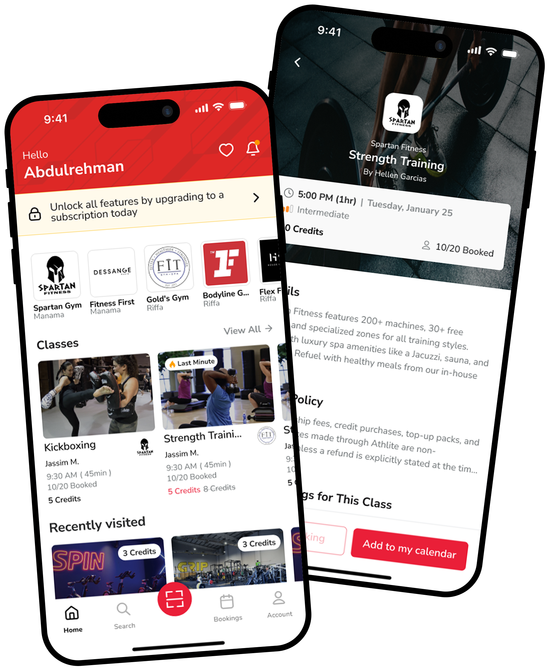 Athlite app screens showing gyms and bookings